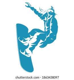Woman racing downhill slope on a snowboard. Silhouette illustration.