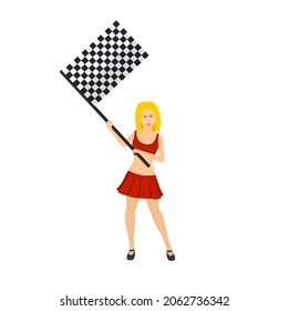 Woman with a racing flag. Finish flag, vector illustration