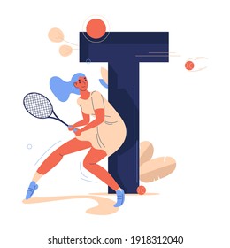 Woman with racket and flying ball ready for strike during tennis match. Large letter T drawn with blue. Female character in sporty clothes smiling