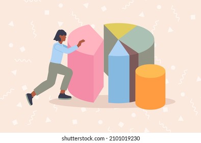 Woman and radial graph. Character moves piece of pie graph towards remaining pieces. Collection of information on different gender, age and social groups. Cartoon volumetric vector illustration