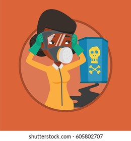 Woman in radiation protective suit clutching her head. Woman in radiation suit looking at leaking barrel with radiation sign. Vector flat design illustration in the circle isolated on background.