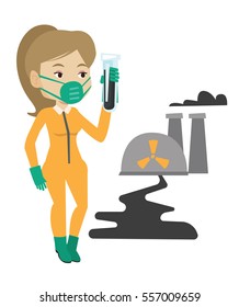 Woman in radiation protective suit standing on the background of nuclear power plant. Woman in radiation protective suit holding test-tube. Vector flat design illustration isolated on white background