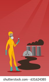 Woman in radiation protective suit standing on the background of nuclear power plant. Caucasian woman in radiation protective suit holding test-tube. Vector flat design illustration. Vertical layout.