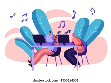 Woman Radio Presenter in Headphones Working in Record Studio. Female Character Talking in Microphone. Dj Girl Play Music. Broadcast Media Show. News Production Flat Cartoon Vector Illustration