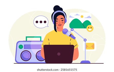 Woman radio presenter. Young girl sits at laptop with microphone. Popular shows, podcast and broadcasting, radio broadcast. Entertainment and fun. Flat vector illustration