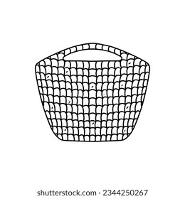 Woman raffia beach bag. Hand drawn doodle style. Vector illustration isolated on white. Coloring page.