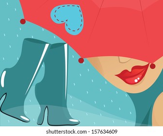 woman  in the rain with boots and  an umbrella