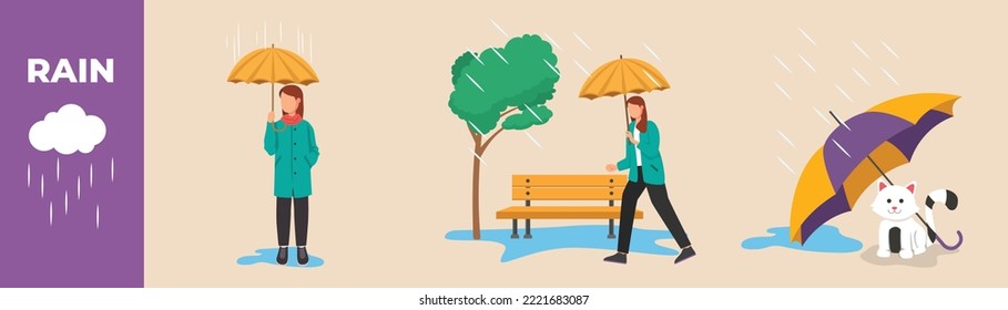 Woman with rain coat holding umbrella and walking and cat under the umbrella. Monsoon season equipment set concept. Colored flat graphic vector illustration isolated.