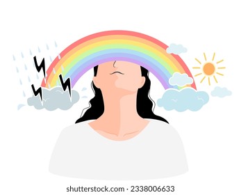 A woman with the rainbow between storm cloud and shiny cloud, mental health concept. flat vector illustration.	
