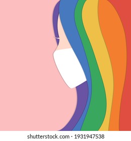 Woman With Rainbow Colored Hairstyle And Protective Face Mask On Pink Background. Covid-19 And Homosexuality Concept Flat Vector Illustration