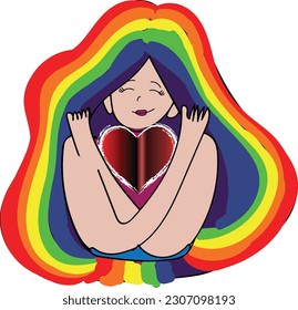 Woman with rainbow hair color holding heart, symbol of LGBT pride. Banner design in flat style