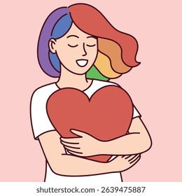 Woman with rainbow hairstyle hugging red heart, peaceful facial expression celebrating love, support, and acceptance, lgbt