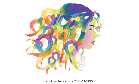 Mujer con el pelo de los símbolos del infinito del arco iris. Concepto de neurodiversidad, Mes del Orgullo de la Discapacidad. Vector del concepto de conciencia y aceptación de la neurodiversidad. Conciencia del autismo. 