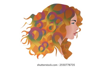 Mujer con el pelo de los símbolos del infinito del arco iris. Concepto de neurodiversidad, Mes del Orgullo de la Discapacidad. Vector del concepto de conciencia y aceptación de la neurodiversidad. Conciencia del autismo. 