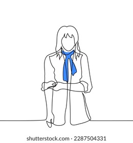 woman in a raincoat and a blue scarf rolls up her sleeves - one line drawing vector. concept of women's fashion and style, roll up sleeves