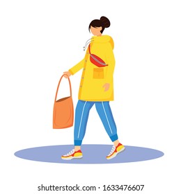 Woman in raincoat flat color vector faceless character. Walking caucasian lady in sweatpants and sneakers. Wet weather. Female with bag in hand isolated cartoon illustration on white background