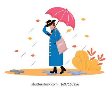 Woman in raincoat flat color vector faceless character. Walking caucasian lady in hat. Autumn nature. Rainy day. Fashionable female with umbrella isolated cartoon illustration on white background