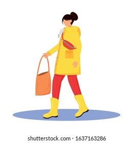 Woman in raincoat flat color vector faceless character. Walking caucasian lady in gumboots. Wet weather. Female with bag in hand isolated cartoon illustration on white background