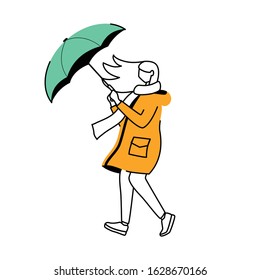 Woman in raincoat flat contour vector illustration. Windy weather. Female with umbrella isolated cartoon outline character on white background. Walking lady in scarf simple drawing