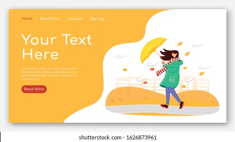Woman in raincoat landing page flat color vector template. Female with umbrella homepage layout. Autumn nature one page website interface with cartoon character. Windy weather web banner, webpage