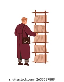 Woman in raincoat with shoulder bag takes book from bookshelf back view. Reader chooses textbooks, fiction literature for reading on shelves of bookcase. Flat isolated vector illustration on white