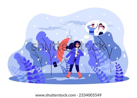 Woman in rainstorm thinking of argument vector illustration. Drawing of scared girl with umbrella in rain or storm, thinking of fighting husband or boss. Climate change, weather, relationship concept