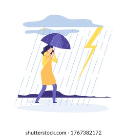 Woman rainy day. Bad weather, girl with umbrella. Sad tired female character. Person walks in thunderstorm and rain vector illustration