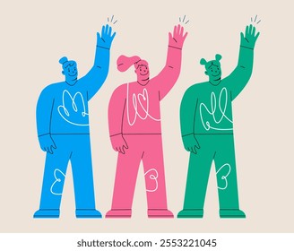 Woman raise hands vote. Colorful vector illustration
