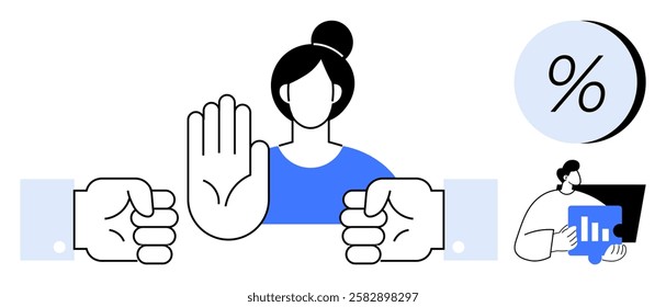 Woman with raised hand blocking two outstretched hands, symbolizing negotiation standstill. Percentage icon in corner, man analyzing data. Ideal for business, conflict resolution, leadership
