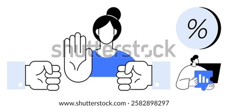 Woman with raised hand blocking two outstretched hands, symbolizing negotiation standstill. Percentage icon in corner, man analyzing data. Ideal for business, conflict resolution, leadership