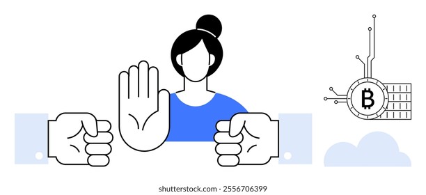 Woman with raised hand stopping two fists representing conflict or disagreement. Bitcoin symbol at the side indicating financial disagreement. Ideal for mediation conflict resolution financial