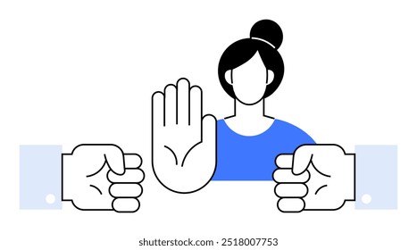 Mujer con la mano levantada para dos puños. Ideal para la resolución de conflictos, paz, anti-bullying, no violencia, asertividad. Estilo simple y atrevido.