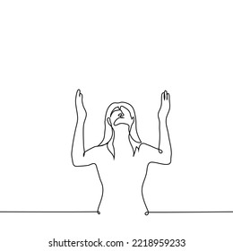 woman raised her hands and face to the sky - one line drawing vector. concept prayer, appeal to God