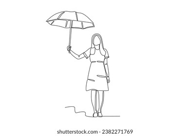 A woman raised her umbrella. Umbrella one-line drawing