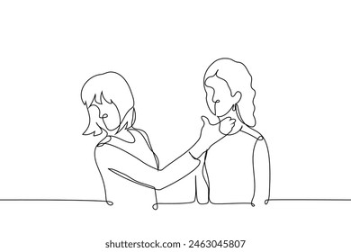 woman raised his hand to woman's face - one line art vector. end consultation with a plastic surgeon, makeup artist. Handmade vector not AI