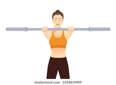 Woman raises the empty barbell front of her shoulder level. Illustration about start pose of exercise with weight lifting equipment. close up.