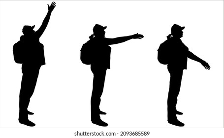 The woman raises hand up, higher and higher. Three female silhouettes stand one after the other in one line. Black silhouette isolated on white. Woman in a cap with a backpack on her back. Side view.