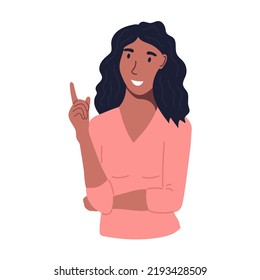 The woman raises her finger up. Generating ideas. Flat vector illustration