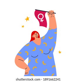 Woman raises her hand with flag with symbol of Venus. Fight like a girl,hand sign. Feminism concept. Woman empowerment. Flat vector illustration. Template design. Colorful cartoon character.