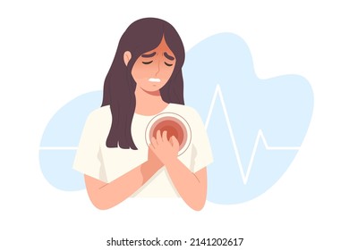 Woman raises her hand to hold her chest. Concept of heart attack, heartache, chest pain, danger and sickness, symptom of heart disease, health and medicine. Flat vector illustration character.