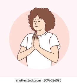 A woman raises her hand to show respect or pray, Vector design and illustration.