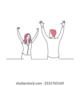 Woman raises her hands in celebration, while a man stands behind her, observing the joyful moment isolated doodle line art flat vector illustration on white background