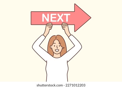 Woman raises next pointer above head to direct website or app visitors to new page. Girl leader with smile demonstrates next arrow, wanting to help people not get lost or start acting 