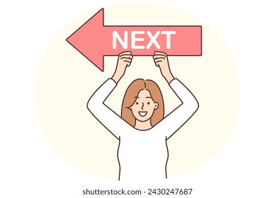 Woman raises next pointer above head to direct website or app visitors to new page. Girl leader with smile demonstrates next arrow, wanting to help people not get lost or start acting