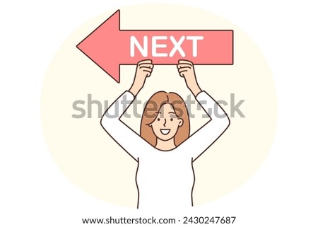Woman raises next pointer above head to direct website or app visitors to new page. Girl leader with smile demonstrates next arrow, wanting to help people not get lost or start acting