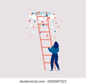 Woman raises up the staircase to change her life. Ladder to success and freedom. Achievement business goals and open mind for creative ideas. Career and personal growth concept. Vector illustration.