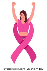 Woman raising both hands in happiness, enveloped in pink ribbons, symbolizes the celebration of life, and hope, for breast cancer awareness campaigns, survivor testimonials, and uplifting messages