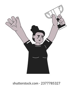 Woman raising cup monochromatic flat vector character. Sportswoman celebrating victory. Teammate winning. Editable thin line half body person on white. Simple bw cartoon spot image for web design