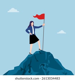 Woman raising flag on hilltop - Successful businesswoman planting waving flag outdoors in nature. female success, achievement, career goals, and conquer adversity concept. Vector illustration.