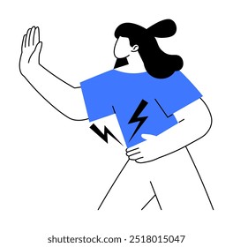 Woman raising hand as stop gesture, wearing a blue shirt with lightning symbol. Minimalistic and modern style. Ideal for Communication, Power, Feminism, Self-defense, Minimalist Art. Rumbling stomach